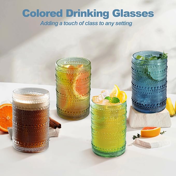 15oz Colored Hobnail Drinking Glasses, Vintage Glasses Drinking Set of 6, Embossed Beaded Glass Cups for Kitchen, Beer, Juice, Cocktail, Whiskey, Milk - Image 3