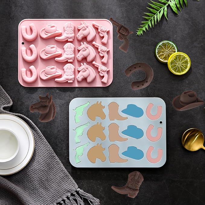 2 Pack Cowboy Chocolate Silicone Molds 3D Western Themed Baking Mould Tray DIY Baking Tool with Cowboy Hat, Boot & Horse for Chocolate Cake Dessert Candy Mousse Pastry Handmade Soap Cupcake Topper