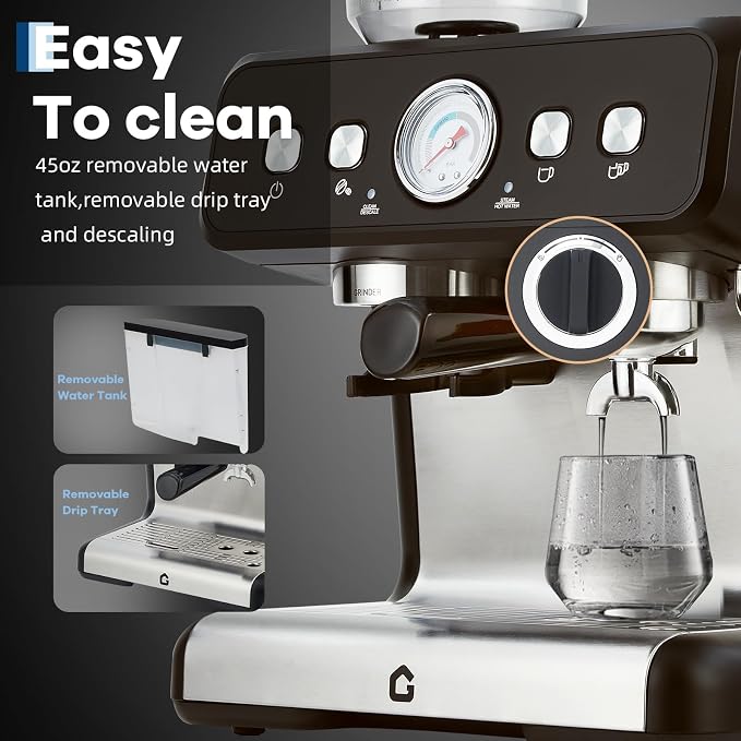 20 Bar Coffee Machine with Built-in Grinder | Stainless Steel Coffee Maker, 2.8L Removable Water Tank, Milk Frother Steam Wand, Adjustable Shot Volume, For Home & Office - Image 2