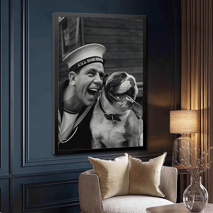 Sailor And Bulldog Smiling, Vintage English Black And White , Funny Dog Poster Canvas Poster Wall Art Decor Print Picture Paintings for Living Room Bedroom Decoration Black Frame 12x18in(30x45cm) - Image 3