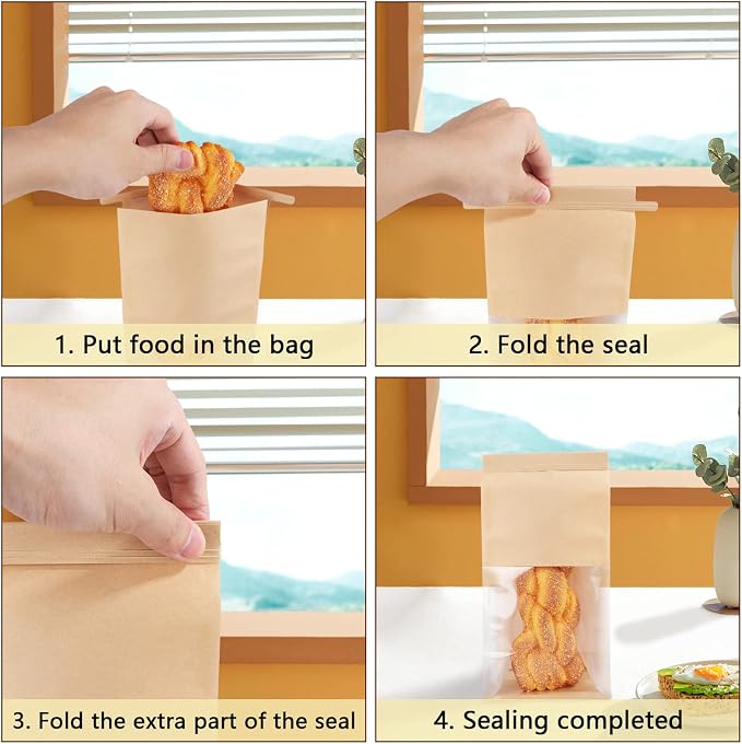 WOPPLXY 100 Pcs Bakery Bags with Window, 5.11 x 11 x 4.33 Inch Brown Kraft Paper Tin Tie Tab Lock Candy Bags Brown Window Bag, Small Kraft Paper Bag for Coffee Food Candy Gift Packaging Party - Image 4