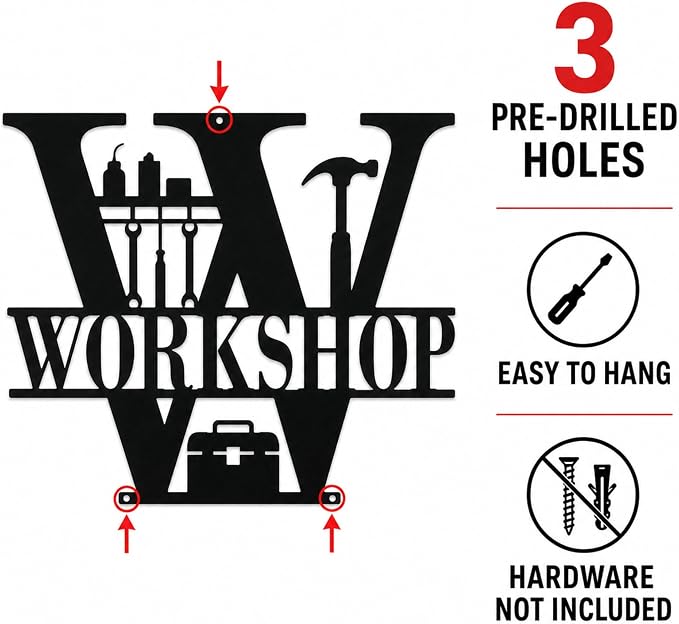 Workshop Metal Wall Decor, Garage and Tool Room Sign, 14 Inch | 14-inch matte black metal workshop sign with pre-drilled holes for garages, tool rooms, sheds, studios, and workspaces. - Image 8