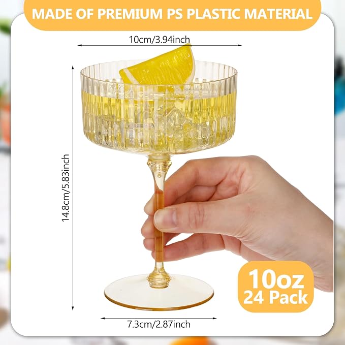 Jingmore 24 Pcs Ribbed Martini Glasses 10 oz Disposable Plastic Vintage Ribbed Coupe Glasses Unbreakable Dessert Parfait Glassware for Wedding Birthday Party Supplies (Gold) - Image 2
