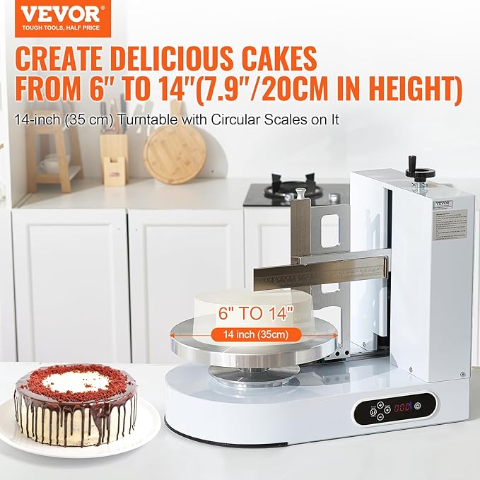 VEVOR Cake Decorating Machine, Cake Cream Spreading Coating Smearing Machine, Low Noise Cake Frosting Machine, Turntable with Adjustable Scraper, for 6" to 14" Cake, 25-320RPM Rotating Speed, White