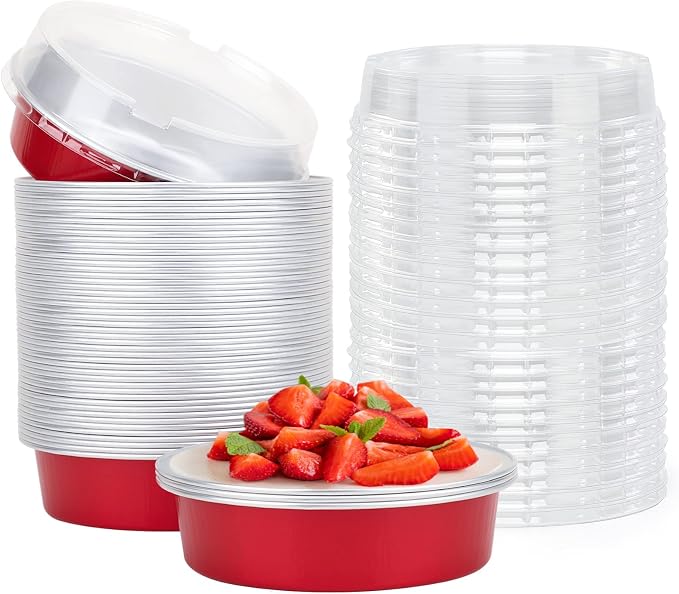 Beasea Disposable Mini Pie Tins with Lids, 50 Pack 4” 8oz Bright Red Aluminum Baking Foil Tins Small Round Tart Container for Individual Dessert Cupcake Muffin Cheesecake Ramekin Quiche Oven Dishes by Beasea