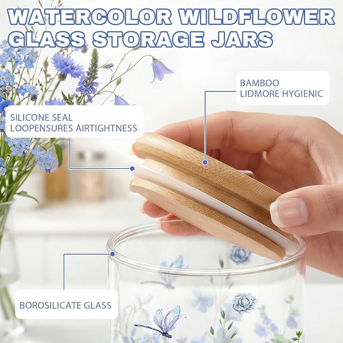 Wildflower Glass Storage Jars with Lids, Candy Cookie Jars, 3 Pcs | Spring Floral Canister Set for Kitchen Floral Airtight Candy Cookie Counter Containers Decor for Sugar Tea - Image 4