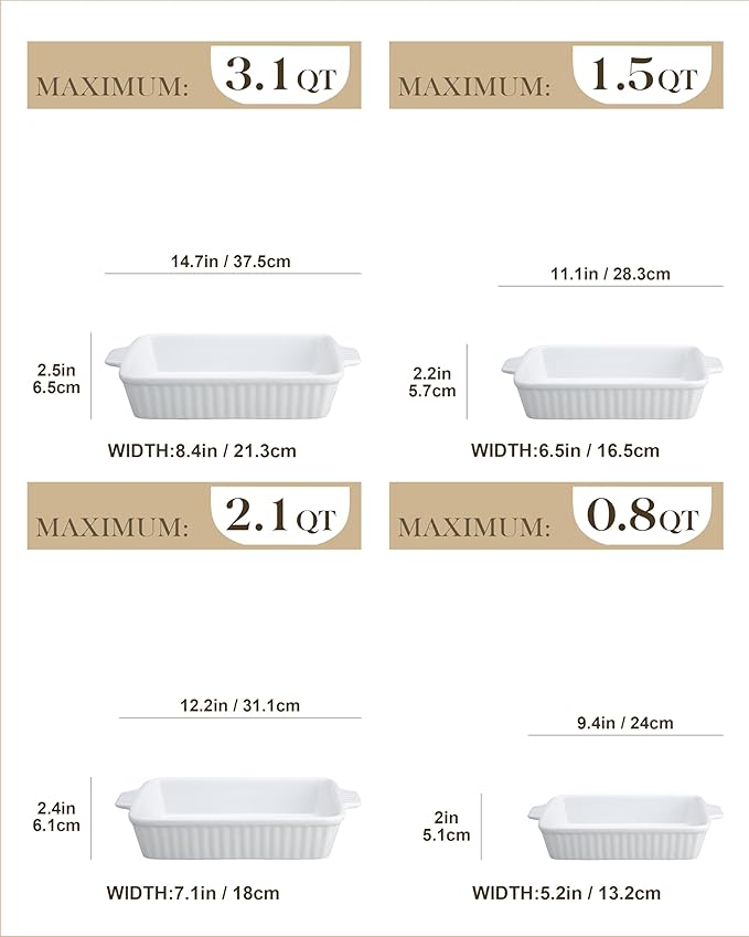 MALACASA Casserole Dishes for Oven, Ceramic Baking Dishes Set of 4, White | Rectangular Deep Lasagna Pans with Handles for Roasting Vegetable, Cake, Durable Bakeware, Wedding Gift(9.4/11.1/12.2/14.7") - Image 2