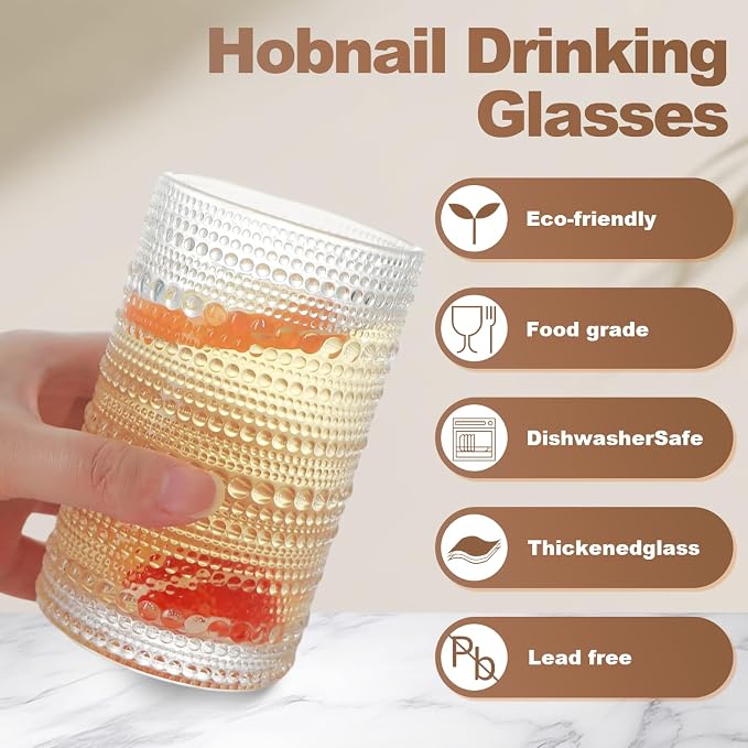 Hobnail Drinking Glasses Set of 12, 15 oz Large Capacity Highball Glasses with Straws Vintage Glasses Drinking Set, Embossed Beaded Glass Cups for Kitchen, Beer, Juice, Cocktail, Whiskey, Milk - Image 4