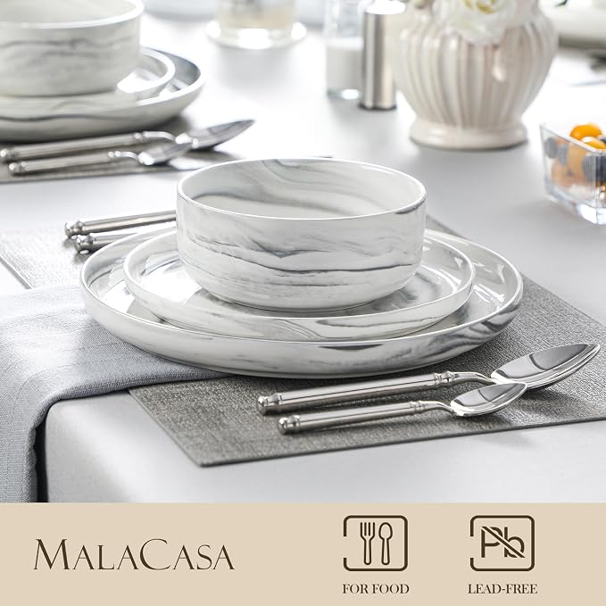 MALACASA 12 Pcs Porcelain Plates and Bowls Sets,Dinnerware Set for 4,Grey | Modern Ceramic Dishware Set,Kitchen Dining Ware,Microwave and Dishwasher Safe,Unique Marble Grey Design,Series LUNA - Image 3