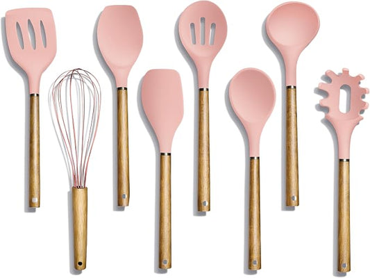 Country Kitchen Non Stick Silicone Utensil Set with Rounded Wood Handles for Cooking and Baking, 8 Piece Set, Pink by CountryKitchen
