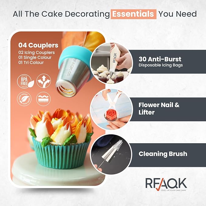 RFAQK 90PCs Flower Making Piping Tips Set, Includes 31 Piping Bags & 49 Tips (25 Russian piping tips, 16 Icing tips,7 Ruffle/Korean, 1 Ball Tip) + Video Course for beginners to Decorate Cake & Cupcake