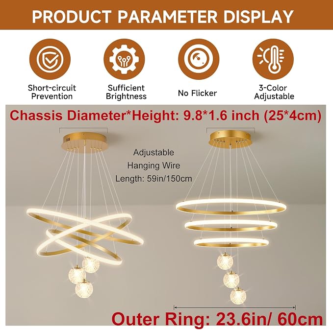 ORANOOR LED Modern 3 Ring Chandeliers 24inch Dimmable Kitchen Pendant Light | Gold Dining Room Light Fixtures Ceiling Hanging Over Table, Globe Round LED Chandeliers for Dining Room Living Room Bedroom - Image 5