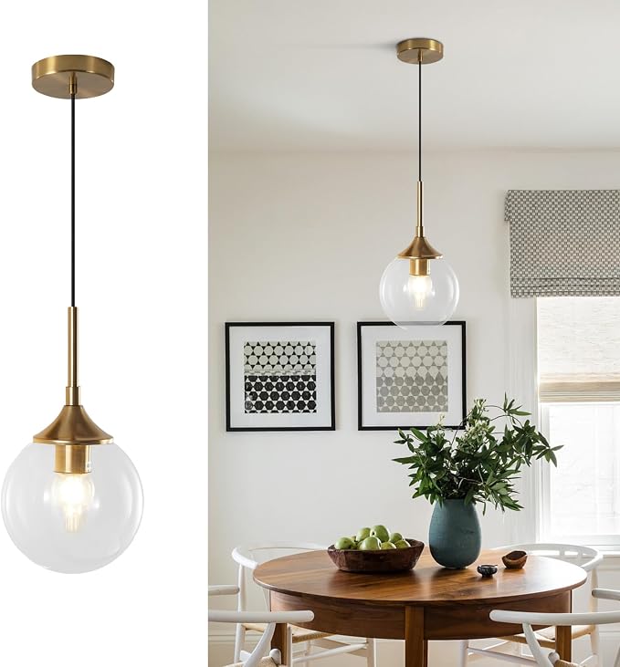 KCO Lighting Brass Gold Small 7.1” Clear Bubble Glass Globe Pendant Light | E26 Base, Sloped Ceiling, Mid Century Modern Adjustable Hanging Ceiling Lamp for Kitchen Island Sink Dining Table Bedroom Bar by KCOLighting