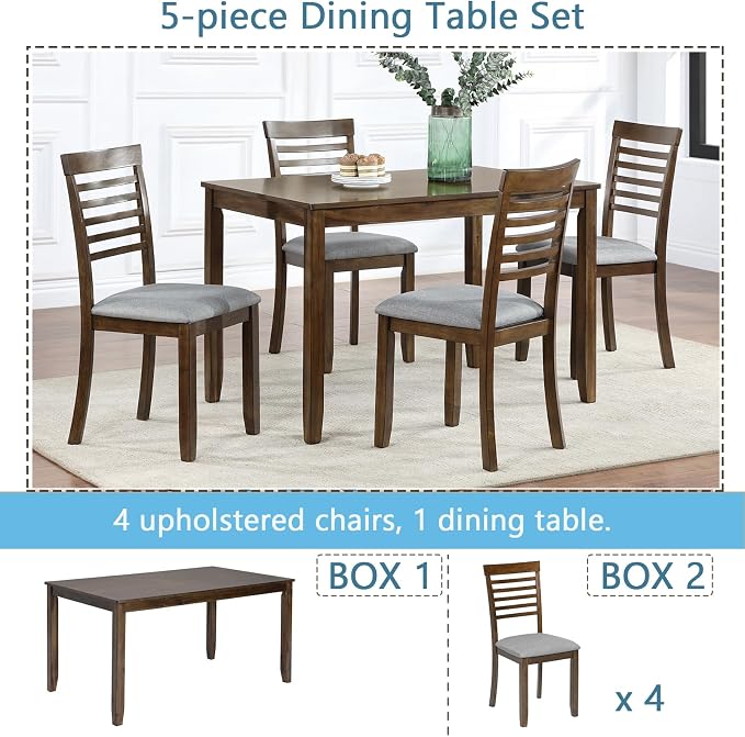 5-Piece Dining Table Set for 4, Kitchen Dining Table with 4 Soft Cushioned Solid Wood Chairs, Ideal for Home or Restaurant Use.(Walnut_Medium) - Image 8