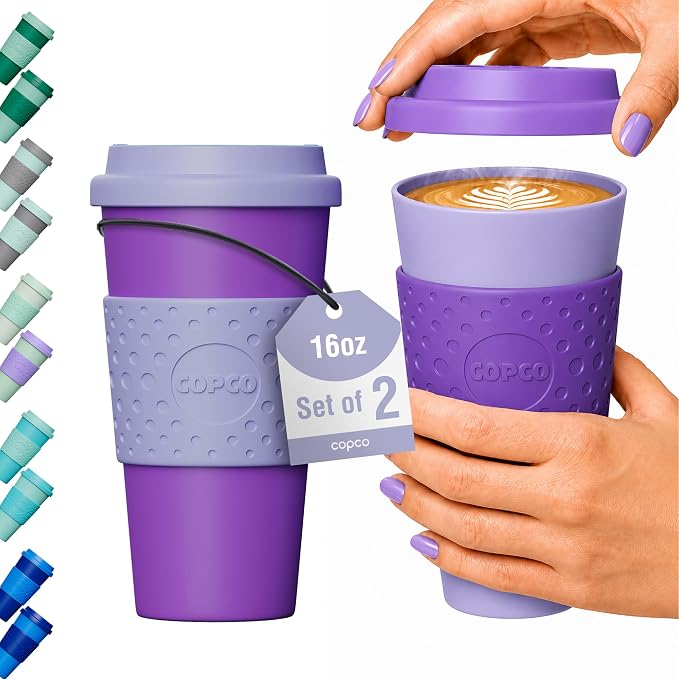 Copco Acadia Travel Mug, 16 Oz - Purple & Light Purple, Set of 2 | Reusable Double Wall Insulated Cup with Spill-Resistant Lid, Non-Slip Grip, Fits Car Cup Holders, Microwave & Dishwasher Safe by Copco