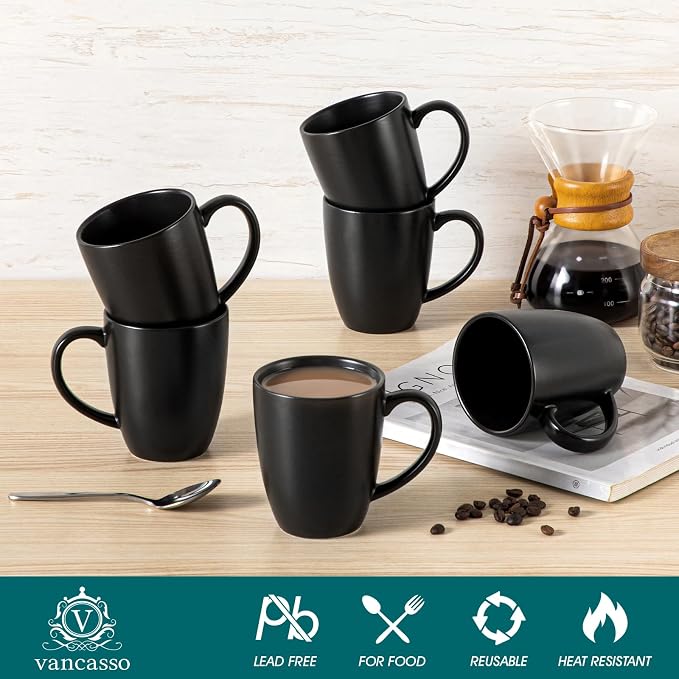vancasso PLAYA Ceramic Coffee Mug Set of 6, 12 Oz Tea Cups with Handle for Latte, Tea, Cappuccino, Milk, Cocoa, Microwave&Dishwasher Safe, Black - Image 3