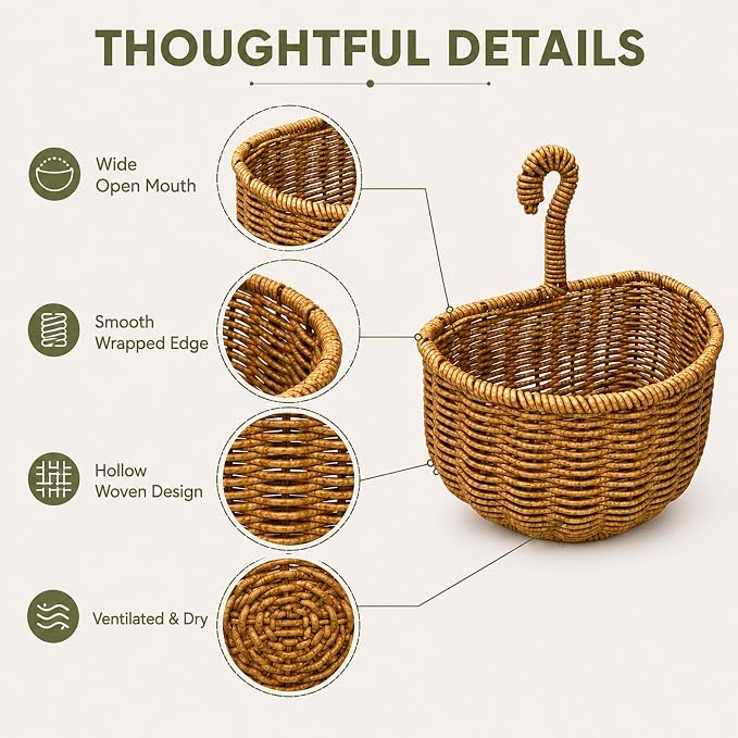 2 Pack Hanging Wall Storage Basket, Woven Rattan Organizer，NATURAL BROWN | Rustic Hand woven wall organizer with hook for kitchen, bathroom and entryway storage, Space-saving decor for modern homes - Image 5