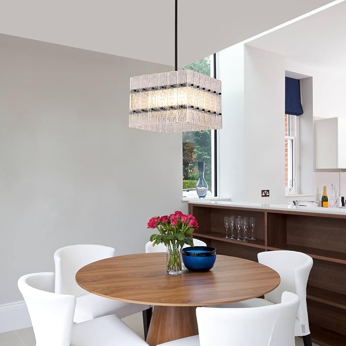 Modern Black Crystal Chandelier for Dining Room,Contemporary Square Water Ripple Glass Chandelier 4 Lights for Kitchen Island Entryway UL Listed - Image 7