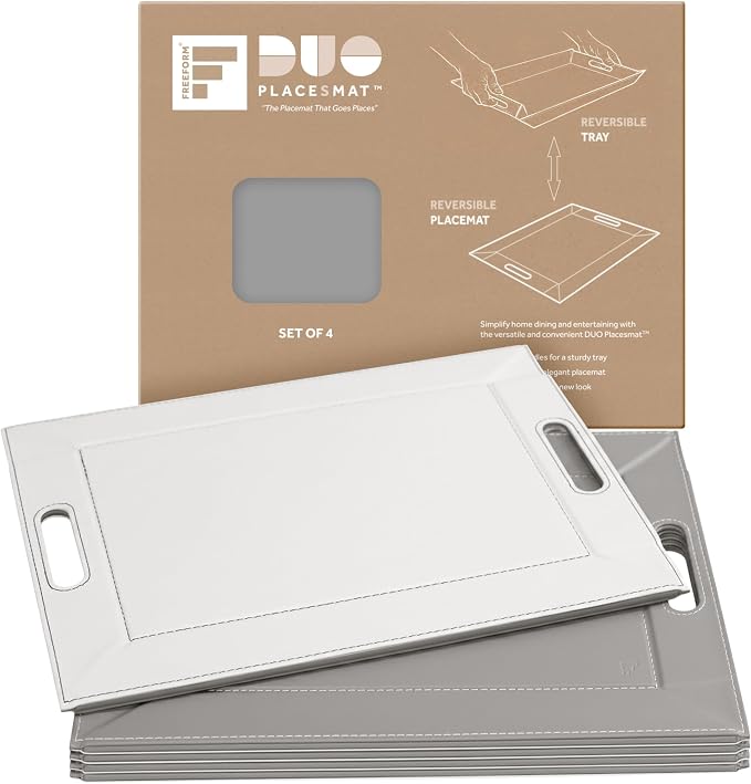 FREEFORM PLACEsMAT 2-in-1 Faux Leather Placemat & Serving Tray | Reversible Design, Lays Flat & Easy to Clean | Ottoman Food Tray, Perfect Housewarming Gift, 18” x 14” (Grey & White, Set of 4) by FREEFORM