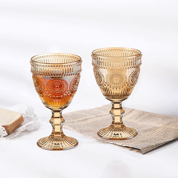 24 Pcs Vintage Wine Glasses, 10 Oz Colored Glass Water Goblets, Unique Flower Embossed Pattern High Clear Stemmed Glassware Wedding Party Bar Glass Drinking Cups Flower Amber Fancy Glasses Set of 24 - Image 4