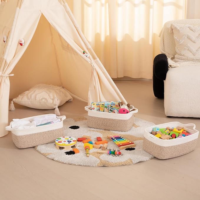 OIAHOMY 3 Pack Storage Baskets for Organizing, Woven Cotton Rope Basket for Shelves, Closet Organizer Bins with Handles, Rectangle Toy Organization, 13.78''×9.84''×5.5'', Brown & White - Image 5