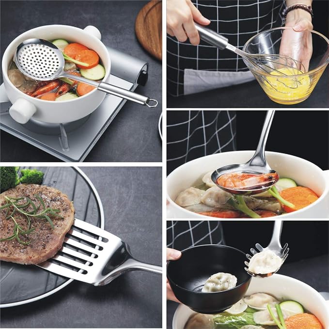 Berglander Cooking Utensil Set 8 Piece, Stainless Steel Kitchen Tool Set with Stand,Cooking Utensils, Slotted Tuner, Ladle, Skimmer, Serving Spoon, Pasta Server,Potato Maseher, Egg Whisk. （8 Pieces） - Image 5