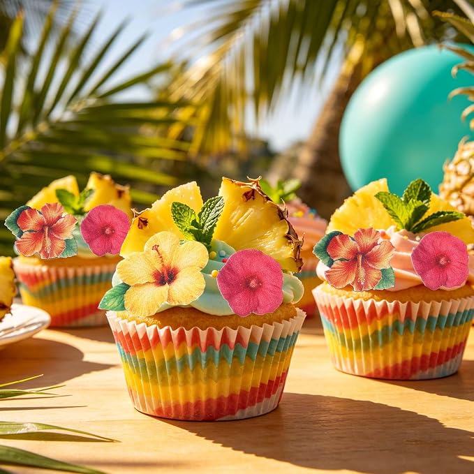 280pcs Edible Hawaiian Cake Decorations, Hawaiian Tropical Design Glutinous Rice Paper Edible Flower Cupcake Decor with 40 Patterns for Summer Birthday Party Baking Supplies (Multicolor) - Image 7