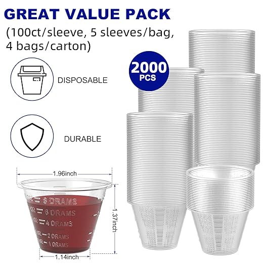 Disposable Medicine Cups Graduated, Bulk Pack of 2000, 1 oz (30ml) Small Plastic Measuring Cup for Liquid Medication, Paint, epoxy, Pill and Resin