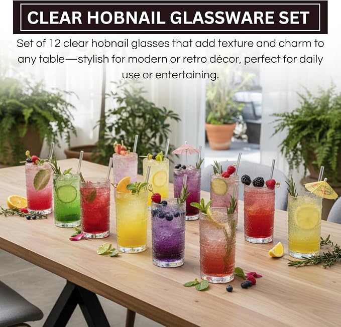 12-Piece Hobnail Drinking Glasses Set, 12 oz Large Vintage Highball Glassware with Straws, Heavy Textured Beaded Tall Tumblers for Water, Juice, Soda & Cocktails, Clear Retro Barware, Dishwasher Safe - Image 3