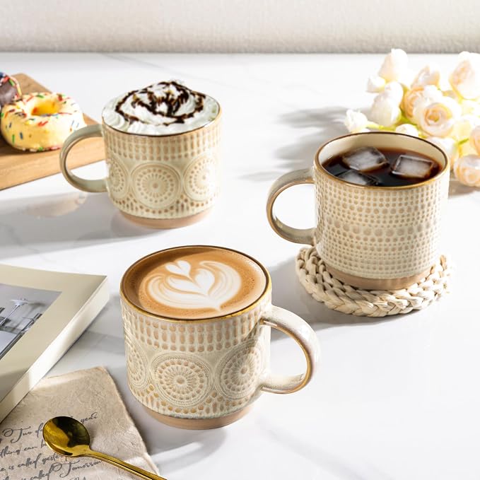 GBhome 12OZ Stackable Coffee Mugs, Ceramic Coffee Mugs with Texture Patterns for Man,Woman,Dad,Mom, Modern Coffee Mugs Set of 4 for Latte/Cappuccino/Cocoa. Dishwasher&Microwave Safe - Image 6