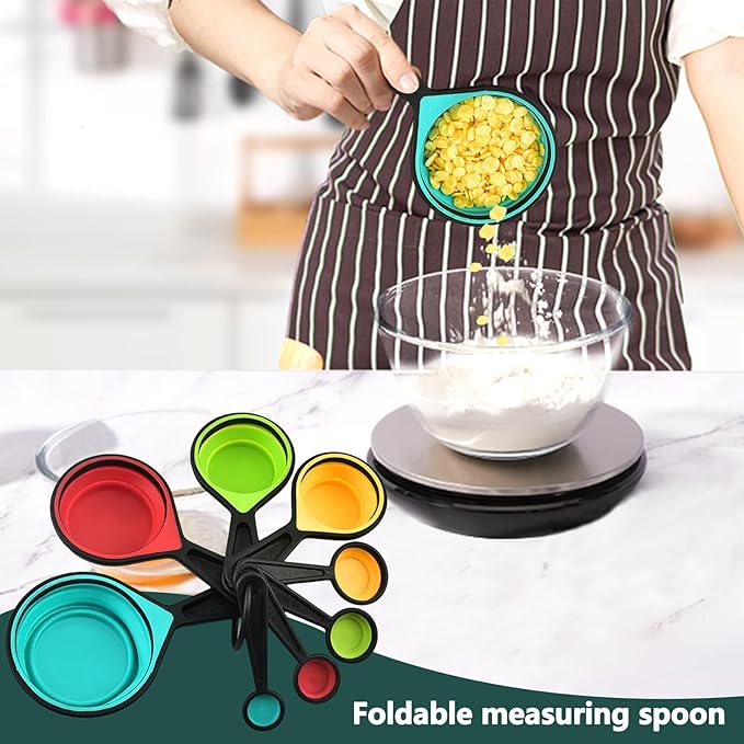 8-Piece Foldable Measuring Spoons/Cups, Space-Saving Collapsible Kitchen Essentials with ml/Cup/TSP Markings, BPA-Free Silicone for Baking, Cooking UK