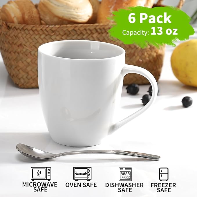 Mfacoy Porcelain Coffee Mugs Set of 6, 13 Ounce Coffee Cups with Handle, Ceramic Tea Mugs for Latte, Hot Tea, Cappuccino, Mocha, Cocoa, Mug Gift Set, Dishwasher and Microwave Safe, White - Image 5