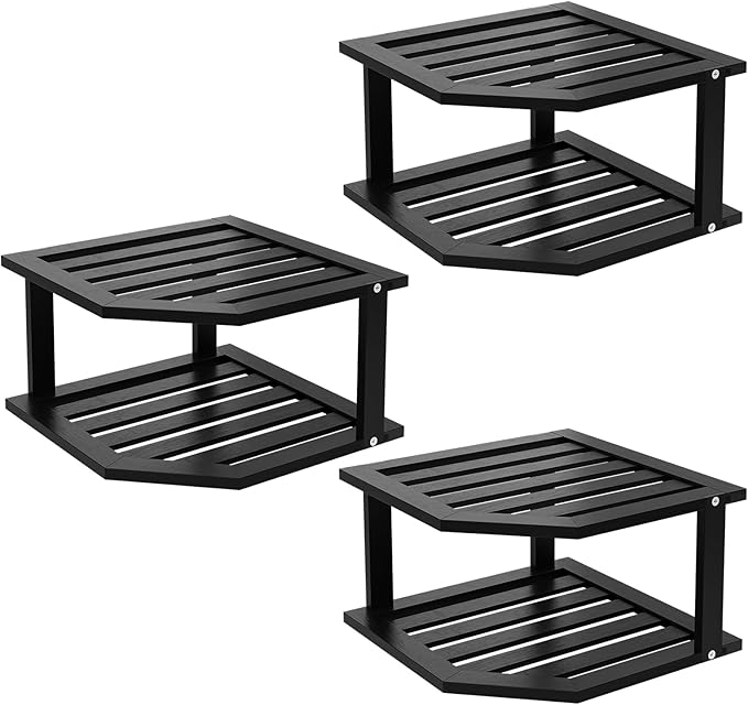 VERTORGAN 2 Tier Bamboo Corner Shelf 3 Pack Plate Organizer Kitchen(Black) | Pantry Storage,Dish Rack,Spice Rack,Corner Organizer,Kitchen Counter Shelves,Kitchen Storage,Holds Plates by VERTORGAN