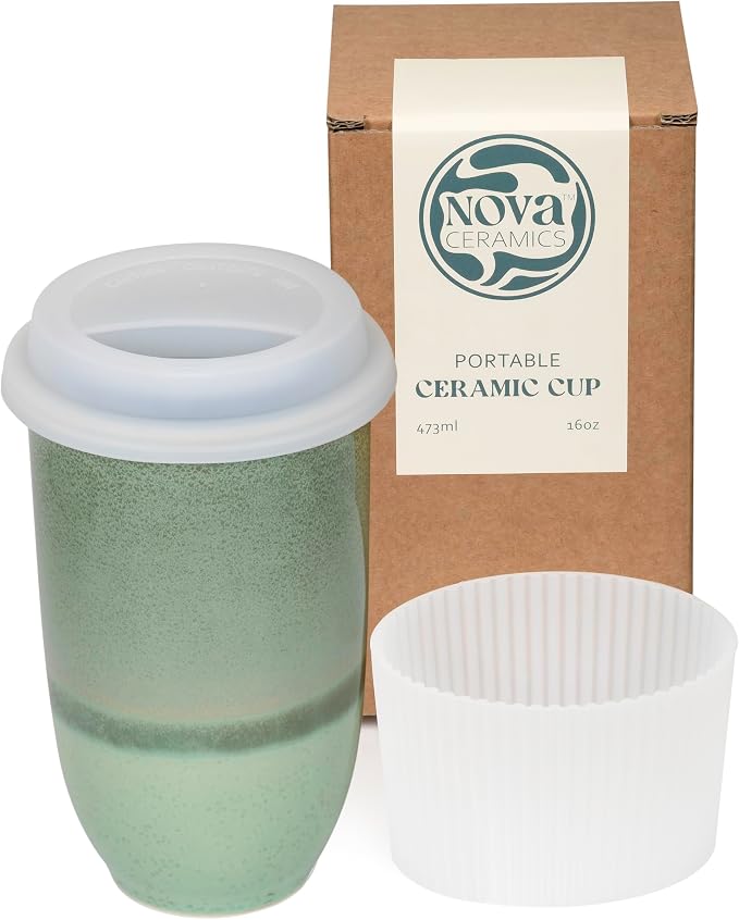 NOVA CERAMICS Coffee Travel Mug – Reusable Coffee – Microwave & Dishwasher Safe Coffee Green Tumbler - Gifts For Women Men Him Her – 16oz – Emerald by NovaCeramics