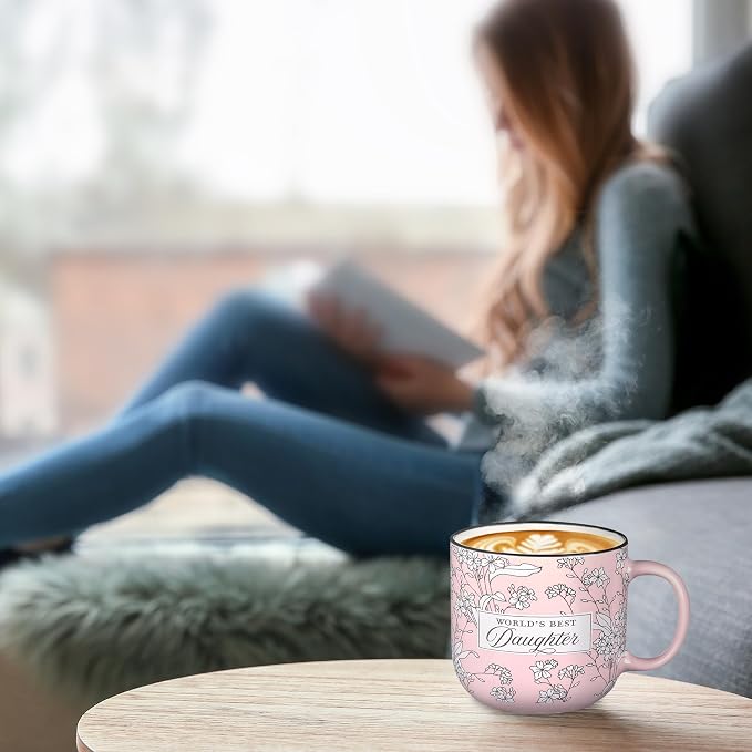 Christian Art Gifts Large Dishwasher/Microwave Safe Ceramic Coffee & Tea Mug for Daughters: World's Best Daughter Encouraging Bible Verse, Non-toxic Lead-Free Cup for Women, Pink/White Floral, 14 oz. - Image 4