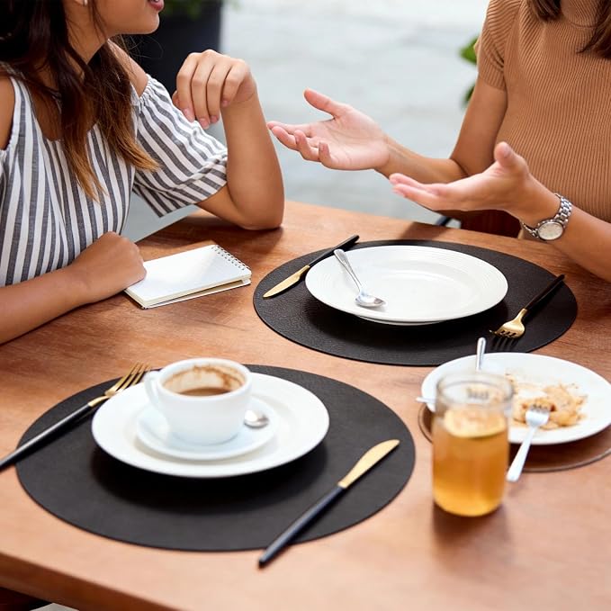MOSAYT 13 Inch Round Vinyl Placemats Set of 6 - Faux Leather 100% Waterproof Oil-Proof Wipeable PU Place Mats, Heat Resistant Reversible Table Mats for Kitchen, Dining, Outdoor, Black - Image 2