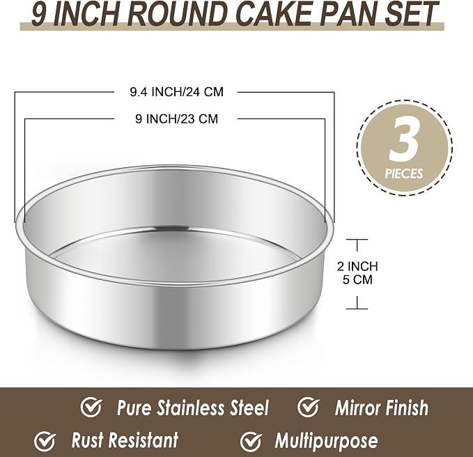 Homikit Round Cake Pan Set of 3, 9 Inch Stainless Steel Cake Tins Bakeware for Baking Layer Smash Birthday Cake，Oven, Pressure Cooker & Dishwasher Safe - Image 2