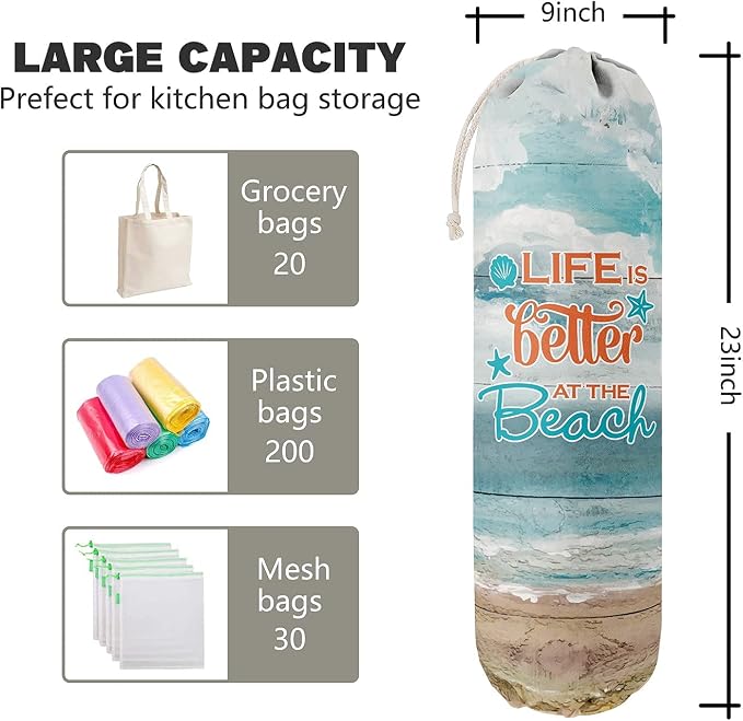 Life is Better at The Beach, Grocery Bags Holder Organizer for Shopping Bags，Wall Mount Plastic Bags Storage Container Dispensers, Gift for Women Mother Grandmother Friend - Image 2