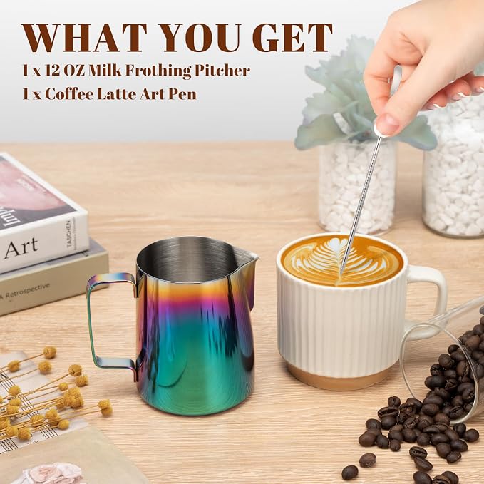 Amrules Milk Frothing Pitcher, 12 oz Milk Frother Cup with Clear Scale, 304 Stainless Steel Cappuccino Espresso Machine Accessories for Barista Coffee Bar with Latte Art Pen, Multicolor - Image 3