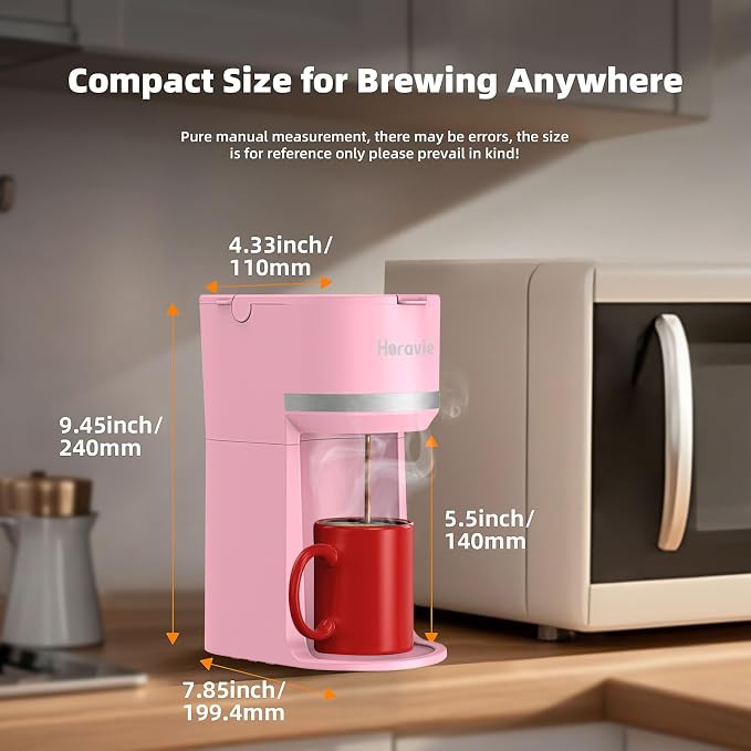 Horavie Mini Single Serve Coffee Maker for K-Cup Pod and Grounds, Fast Brew One Cup Coffee Machine with Descaling Reminder and Water Window, 6 to 12 oz. Brew Sizes, Pink - Image 5