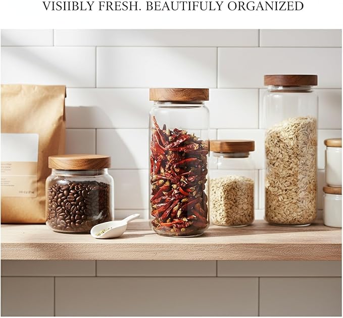 Clear Glass Storage Jars with Acacia Wood Lids for Pantry Organization - Dry Food Containers for Kitchen Countertops - Image 3