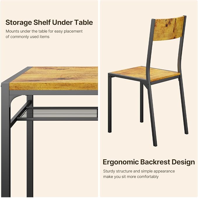Gizoon 3-Piece Dining Table Set for 2, Small Kitchen Table & Chairs Rustic | Compact rustic 2-person dining set perfect for apartments. Features under-table storage rack and 2 chairs that tuck away. - Image 5
