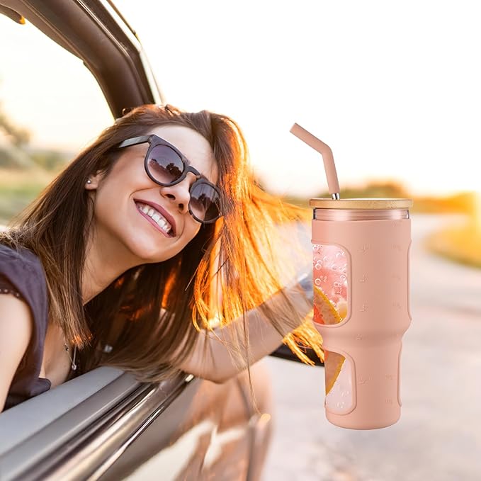 COMOOO 40oz Glass Tumbler with Handle, Bamboo Lid, Straw, Silicone Sleeve, Dishwasher Safe, Cup Holder Friendly, Amber