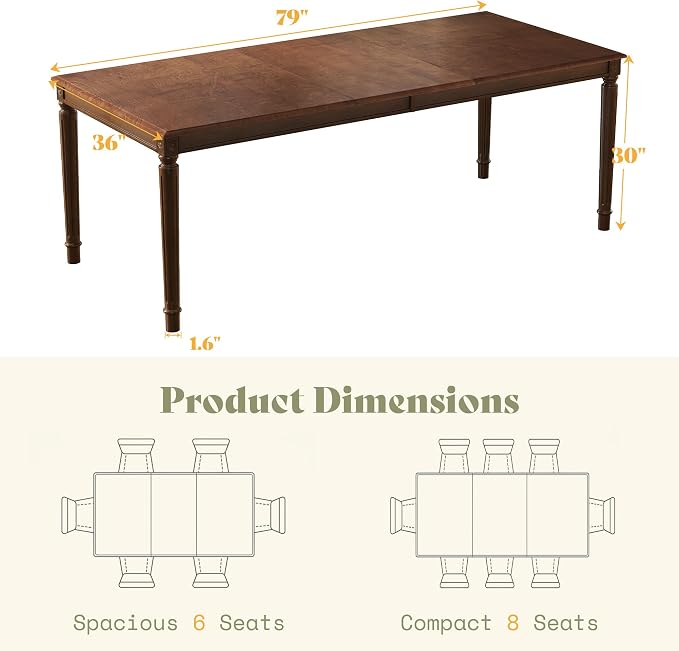 AMERLIFE 79" Solid Wood Farmhouse Dining Table with Roman Legs, Brown | Roman Conical Legs, Large Dining Surface, Solid Wood Tabletop, Family Gathering Furniture, Dark Brown Finish - Image 2