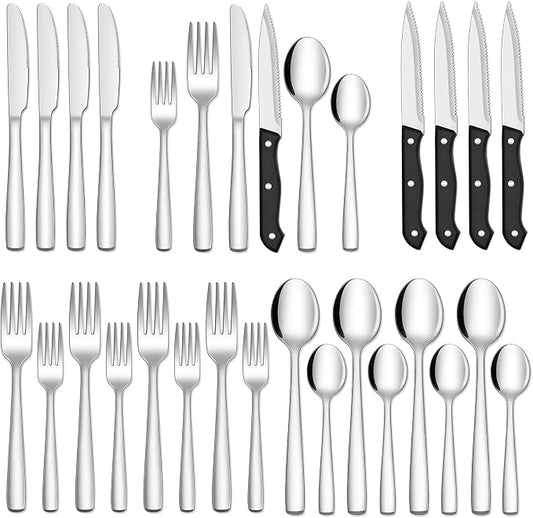 Hiware 24-Piece Silverware Set with Steak Knives, Stainless Steel Flatware Cutlery, Mirror Polished Flatware Serving Utensils Set for 4, Includes Forks Spoons Knives Silverware, Dishwasher Safe by HIWARE
