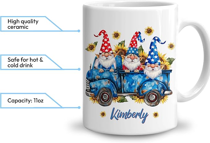 Hyturtle Personalized Gnome Sunflower Coffee Mug, 4th of July Mug | Gifts For Gnome Lovers - Patriotic Gnomes - Gnomies Gifts For Women - Custom Name 11oz White Ceramic Coffee Tea Cup - Image 3