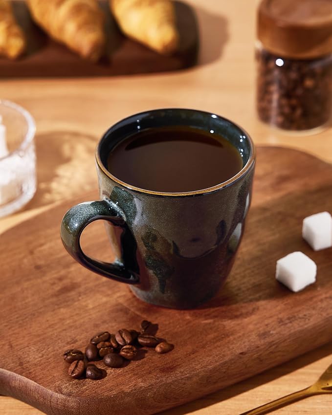 famiware Coffee Mugs Set of 6,Ocean Round 11.5oz Coffee Cup Set with Handle for Cocoa, Milk, Hot Chocolate, Tea or Water, Stoneware Cups for Kitchen, Microwave Dishwasher Safe, Deep Forest - Image 2