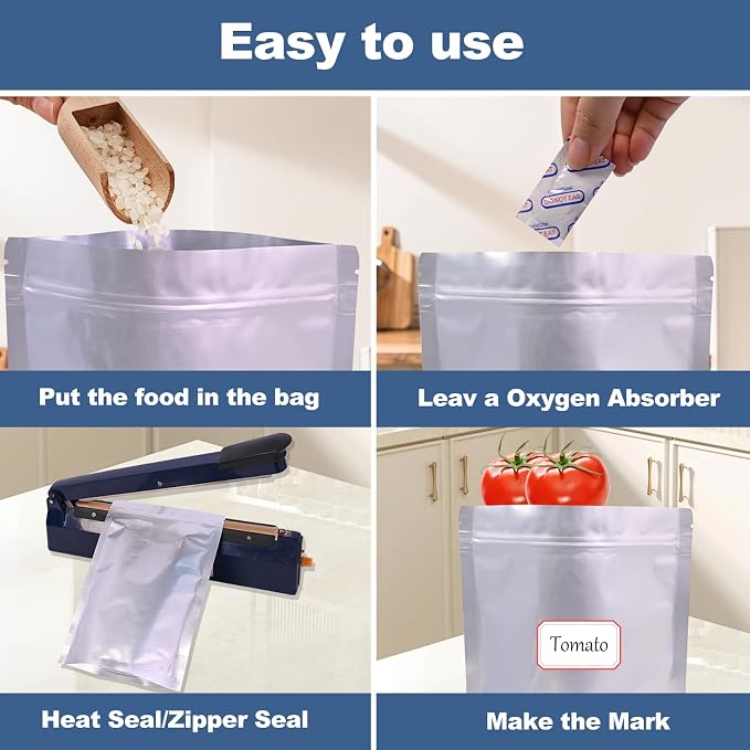 50PCS 1Gallon 10"X14" Mylar Bags for Food Storage with Oxygen Absorbers&Lables,10 Mil Thick Resealable Stand-Up Zipper&Heat Sealable Bags for Long Term Food Storage,Dried Food - Image 6