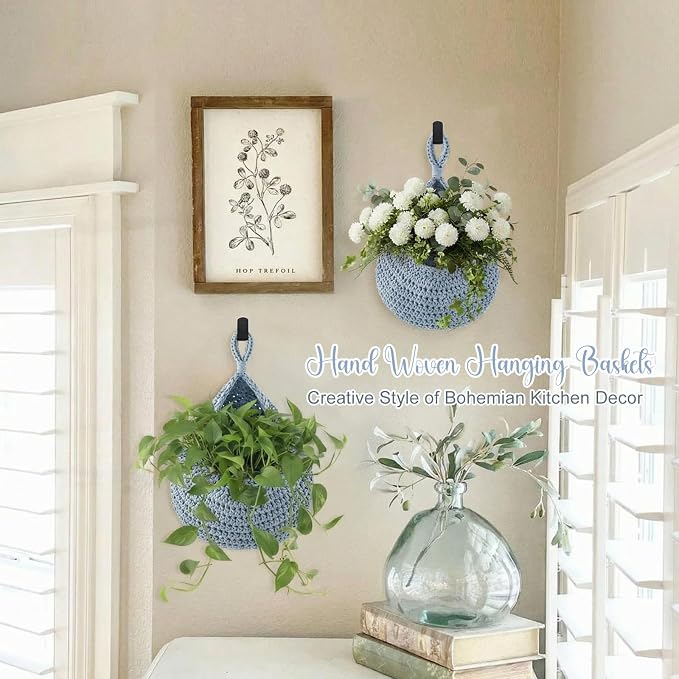 Honeydak Boho Decor Hanging Wall Baskets for Kitchen 3 Pack Teardrop Baskets with Hooks Storage Fruit Onion Vegetable Potato for Home 3 Sizes(Light Blue,Teardrop,Cotton Rope) - Image 5