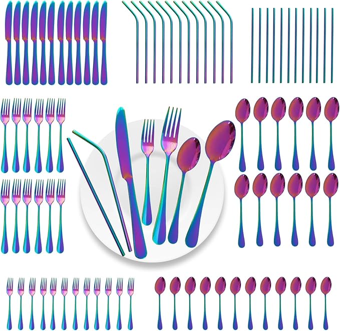 84 Pieces Mirror Rainbow Silverware Service for 12 Flatware Set Stainless Steel Utensils Cutlery Set Dishwasher Safe by Gutuwellea